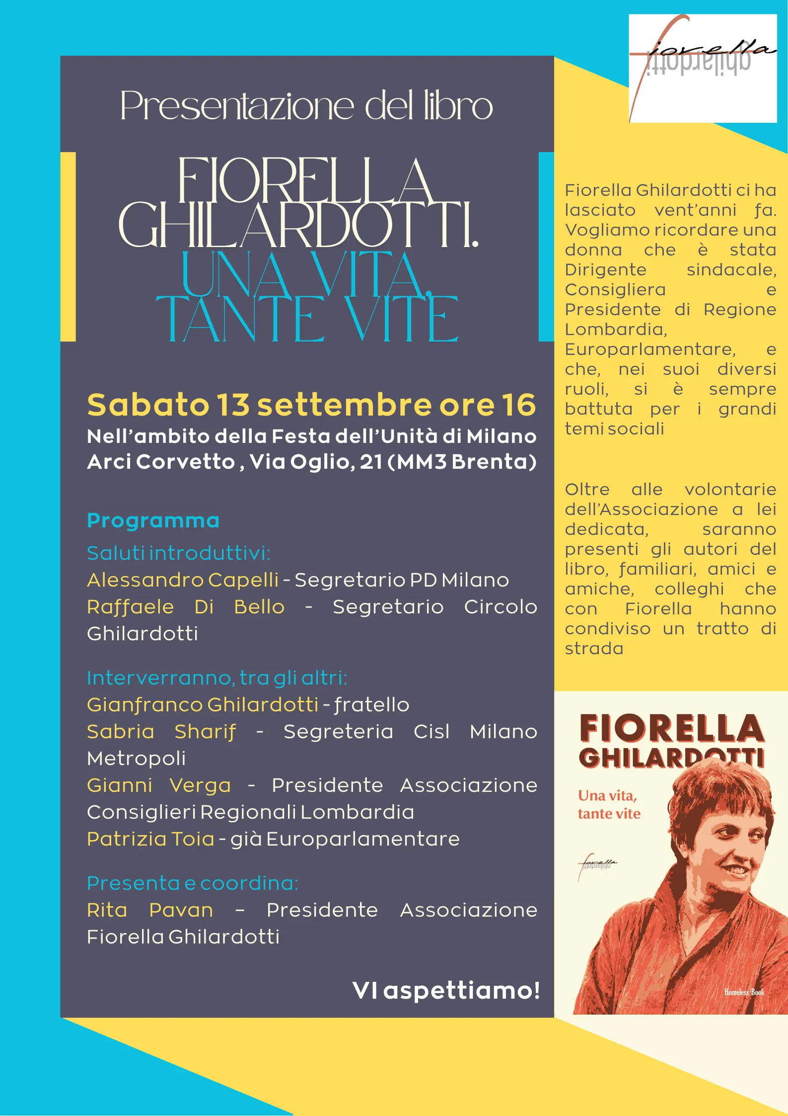 Programma dell'evento della presentazione del libro: Fiorella Ghilardotti. Una vita, tante vite